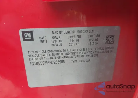 2017 Chevrolet Cruze Lt Auto z USA, uszkodzony, nr VIN 1G1BE5SM6H7263905